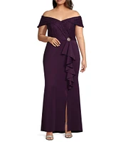 Jessica Howard Plus Size Scuba Lace Off-The-Shoulder Cascade Ruffle Gown