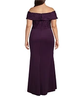 Jessica Howard Plus Size Scuba Lace Off-The-Shoulder Cascade Ruffle Gown