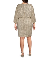 Jessica Howard Plus Size Sequin Pleated Neck 3/4 Sleeves Blouson Cocktail Dress