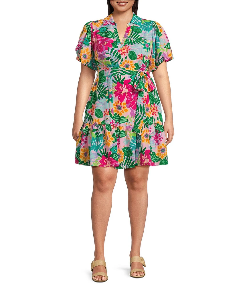 Jessica Howard Plus Size Tropical Floral Short Balloon Sleeve Shirt Dress