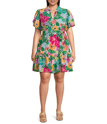 Jessica Howard Plus Size Tropical Floral Short Balloon Sleeve Shirt Dress