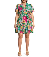 Jessica Howard Plus Size Tropical Floral Short Balloon Sleeve Shirt Dress
