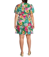 Jessica Howard Plus Size Tropical Floral Short Balloon Sleeve Shirt Dress