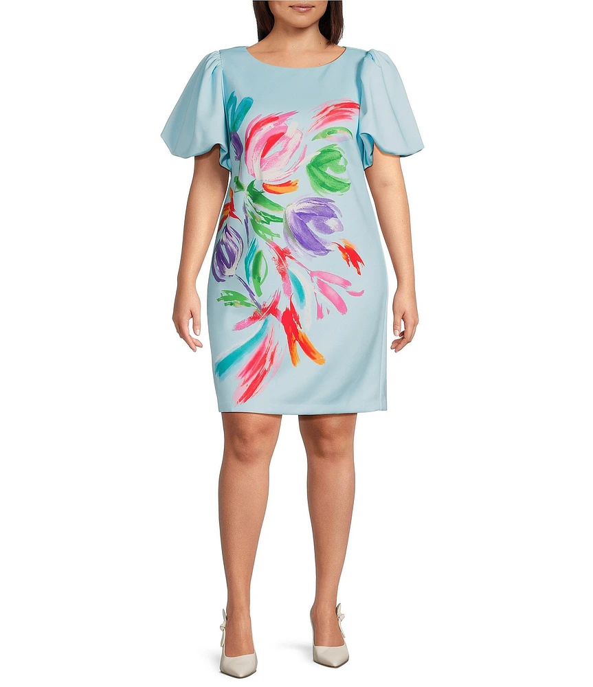 Jessica Howard Plus Size Short Puffed Sleeve Floral Scuba Sheath Dress