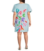 Jessica Howard Plus Size Short Puffed Sleeve Floral Scuba Sheath Dress