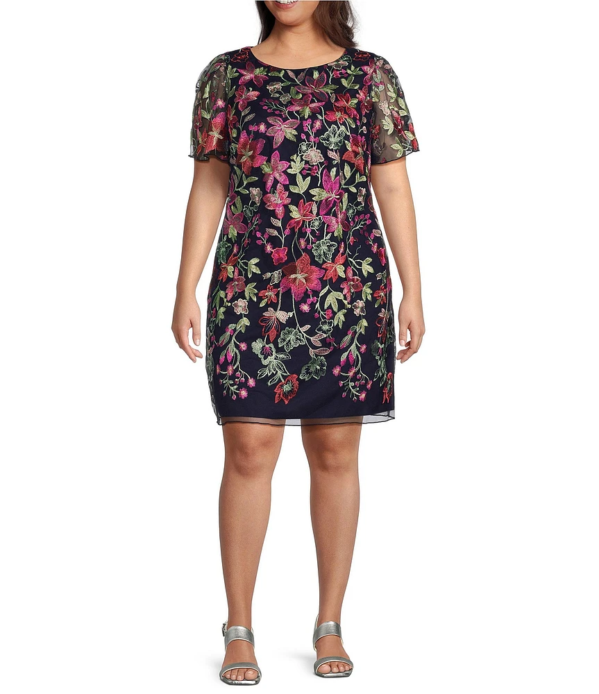 Jessica Howard Plus Size Short Sleeve Boat Neck Floral Embroidered Mesh Dress