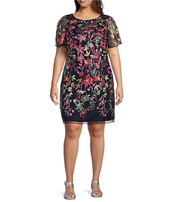Jessica Howard Plus Size Short Sleeve Boat Neck Floral Embroidered Mesh Dress
