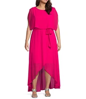 Jessica Howard Plus Size Short Sleeve Crew Neck Tie Waist Chiffon Hi-Low Maxi Dress