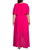 Jessica Howard Plus Size Short Sleeve Crew Neck Tie Waist Chiffon Hi-Low Maxi Dress