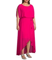 Jessica Howard Plus Size Short Sleeve Crew Neck Tie Waist Chiffon Hi-Low Maxi Dress