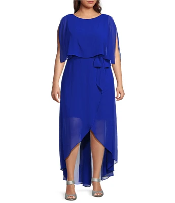 Jessica Howard Plus Size Short Sleeve Crew Neck Tie Waist Chiffon Hi-Low Maxi Dress