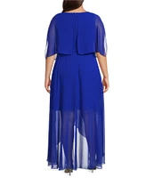 Jessica Howard Plus Size Short Sleeve Crew Neck Tie Waist Chiffon Hi-Low Maxi Dress