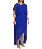 Jessica Howard Plus Size Short Sleeve Crew Neck Tie Waist Chiffon Hi-Low Maxi Dress