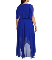 Jessica Howard Plus Size Short Sleeve Crew Neck Tie Waist Chiffon Hi-Low Maxi Dress