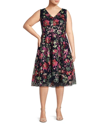 Jessica Howard Plus Size Sleeveless V-Neck Floral Embroidered Mesh Fit and Flare Dress