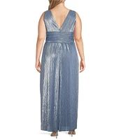 Jessica Howard Plus Size Sleeveless V-Neck Pleated Metallic Knit Gown