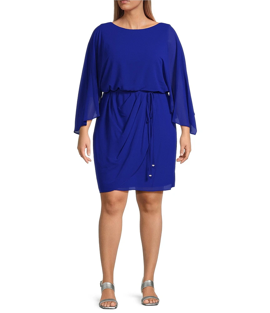 Jessica Howard Plus Size Souffle Chiffon Boat Neck 3/4 Dolman Sleeve Blouson Dress