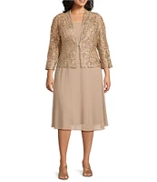 Jessica Howard Plus Size Soutache Chiffon Crew Neck 3/4 Sleeve Embellished Fit & Flare 2-Piece Jacket Dress