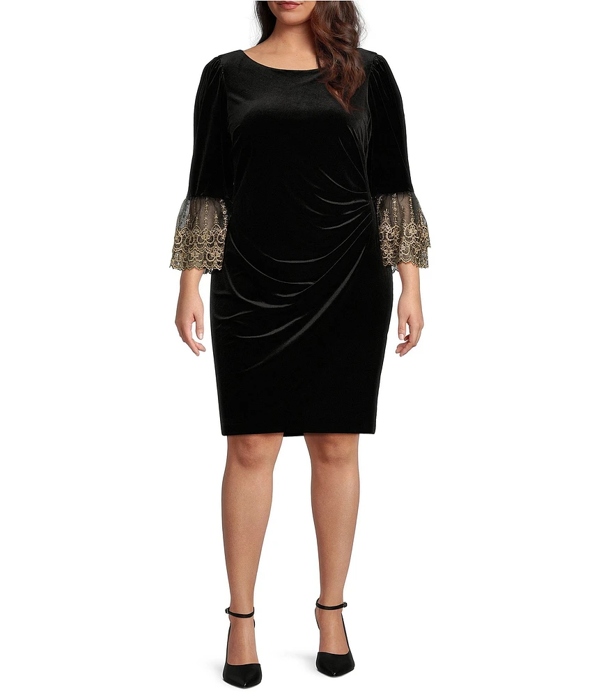 Jessica Howard Plus Size Stretch Velvet Boat Neck 3/4 Sleeve Lace Trim Side Pleat Sheath Dress