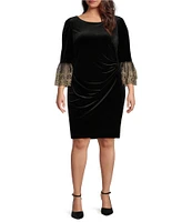 Jessica Howard Plus Size Stretch Velvet Boat Neck 3/4 Sleeve Lace Trim Side Pleat Sheath Dress