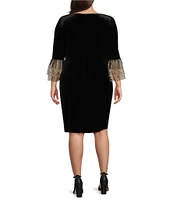 Jessica Howard Plus Size Stretch Velvet Boat Neck 3/4 Sleeve Lace Trim Side Pleat Sheath Dress