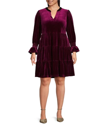 Jessica Howard Plus Size Stretch Velvet Split V-Neck Smocked Sleeve Babydoll Dress