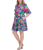 Jessica Howard Plus Size V Neck 3/4 Balloon Sleeve Tie Sash Sheath Dress