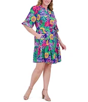 Jessica Howard Plus Size V Neck 3/4 Balloon Sleeve Tie Sash Sheath Dress