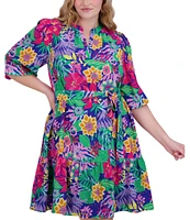 Jessica Howard Plus Size V Neck 3/4 Balloon Sleeve Tie Sash Sheath Dress