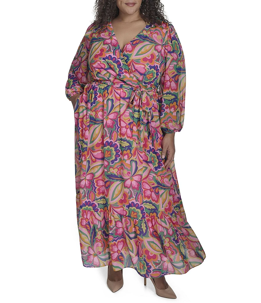 Jessica Howard Plus Size V-Neck 3/4 Sleeve Tie Sash Chiffon Faux Wrap Maxi Dress