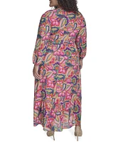 Jessica Howard Plus Size V-Neck 3/4 Sleeve Tie Sash Chiffon Faux Wrap Maxi Dress