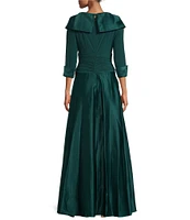 Jessica Howard Portrait Collar V-Neck 3/4 Sleeve Rhinestone Cuff Ruched Waist Satin Gown