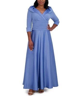 Jessica Howard Portrait Collar V-Neck 3/4 Sleeve Rhinestone Cuff Ruched Waist Satin Gown