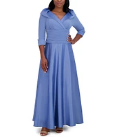 Jessica Howard Portrait Collar V-Neck 3/4 Sleeve Rhinestone Cuff Ruched Waist Satin Gown