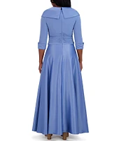 Jessica Howard Portrait Collar V-Neck 3/4 Sleeve Rhinestone Cuff Ruched Waist Satin Gown