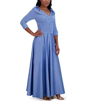 Jessica Howard Portrait Collar V-Neck 3/4 Sleeve Rhinestone Cuff Ruched Waist Satin Gown