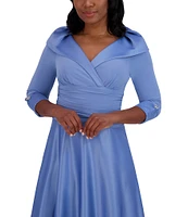 Jessica Howard Portrait Collar V-Neck 3/4 Sleeve Rhinestone Cuff Ruched Waist Satin Gown