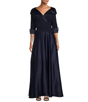 Jessica Howard Portrait Collar V-Neck 3/4 Sleeve Rhinestone Cuff Ruched Waist Satin Gown