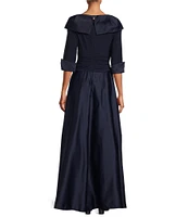 Jessica Howard Portrait Collar V-Neck 3/4 Sleeve Rhinestone Cuff Ruched Waist Satin Gown