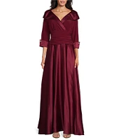 Jessica Howard Portrait Collar V-Neck 3/4 Sleeve Rhinestone Cuff Ruched Waist Satin Gown