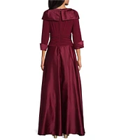 Jessica Howard Portrait Collar V-Neck 3/4 Sleeve Rhinestone Cuff Ruched Waist Satin Gown