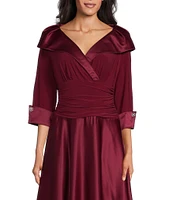 Jessica Howard Portrait Collar V-Neck 3/4 Sleeve Rhinestone Cuff Ruched Waist Satin Gown