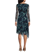 Jessica Howard Printed Mesh Boat Neck 3/4 Sleeve Side Twist Asymmetric Hem Sheath Dress