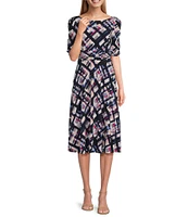 Jessica Howard Round Neck Elbow Sleeve Ruched Waist Sheath Midi Dress