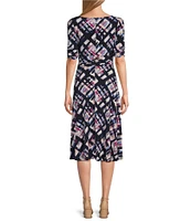 Jessica Howard Round Neck Elbow Sleeve Ruched Waist Sheath Midi Dress