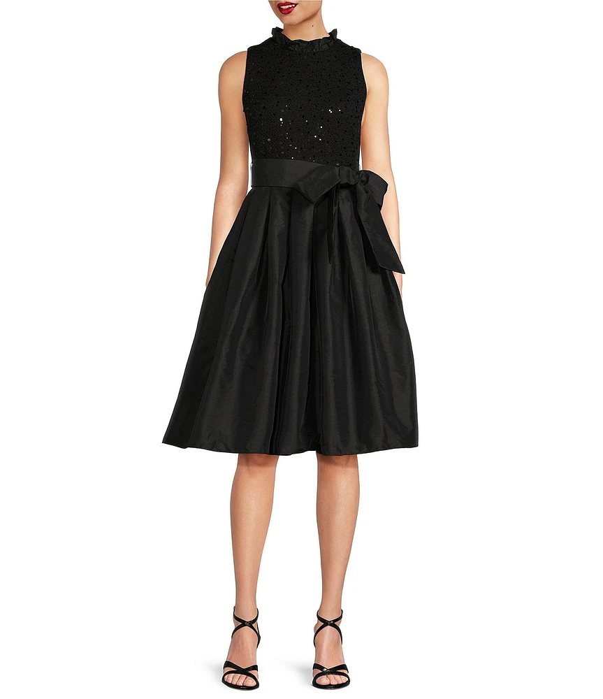 Jessica Howard Ruffle Mock Neck Sleeveless Sequin Bodice Tie Sash Taffeta Skirt A-Line Dress