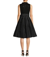 Jessica Howard Ruffle Mock Neck Sleeveless Sequin Bodice Tie Sash Taffeta Skirt A-Line Dress