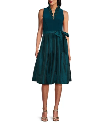 Jessica Howard Ruffle V-Neck Sleeveless Tie Waist Pleated Fit and Flare Dress