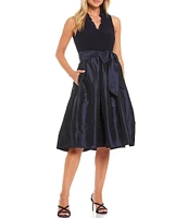 Jessica Howard Ruffle V-Neck Sleeveless Tie Waist Pleated Fit and Flare Dress