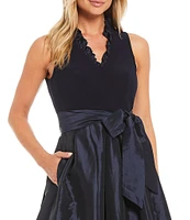 Jessica Howard Ruffle V-Neck Sleeveless Tie Waist Pleated Fit and Flare Dress